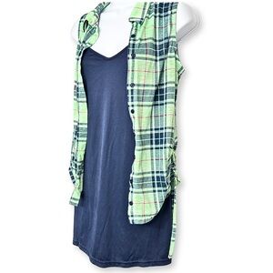 Green Plaid Sleeveless Shirt Has Lace Detail & Navy Slip Dress SZ See Desciption